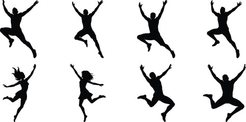 Silhouettes of jumping people set. Collection of person jumping vector illustration on transparent background, PNG