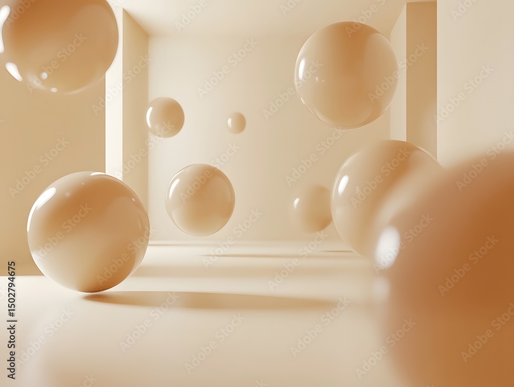 Poster floating spheres in architectural space: a minimalist perspective reveals floating spheres within a 