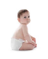 Cute little baby in diaper sitting on white background