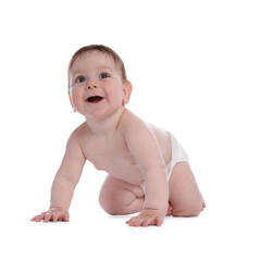 Cute little baby crawling on white background