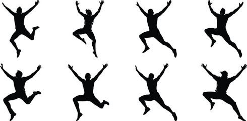 Silhouettes of jumping people set. Collection of person jumping vector illustration on transparent background, PNG
