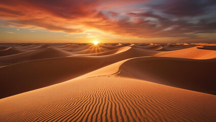 Naklejka premium Fiery Sunset over Rolling Sand Dunes in the Desert