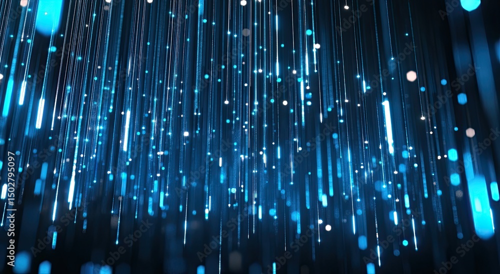 Poster abstract digital rain of glowing lines and particles. blue and light silvery streams cascading downw