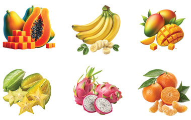 various fruits in group file with white background
