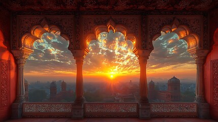 Obraz premium Beautiful scenic view through ornate arches during a vibrant sunrise in a historic indian city photo