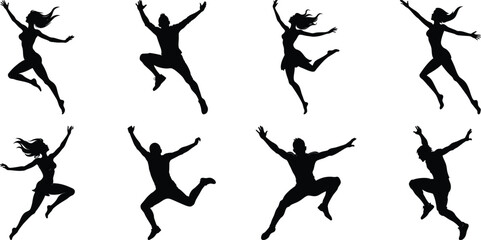 Silhouettes of jumping people set. Collection of person jumping vector illustration on transparent background, PNG