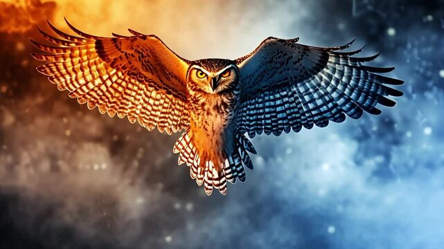 Majestic owl soaring through a fiery and icy background, symbolizing the balance of nature's elements