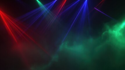 Obraz premium Vibrant red, blue, and green laser beams fanning out in multiple directions against a dark background, enhanced by a layer of greenish mist or fog, creating a dynamic and atmospheric visual effect. Th