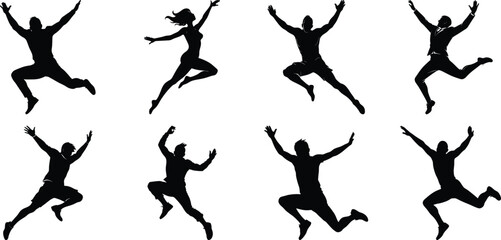 Silhouettes of jumping people set. Collection of person jumping vector illustration on transparent background, PNG