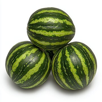 Three Green Striped Cucamelons Stacked on White Background in Studio Lighting