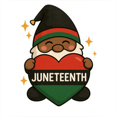 Festive gnome celebrating Juneteenth, cheerful character in holiday attire holding heart with cultural colors, perfect for celebrations. Isolated on white background or PNG