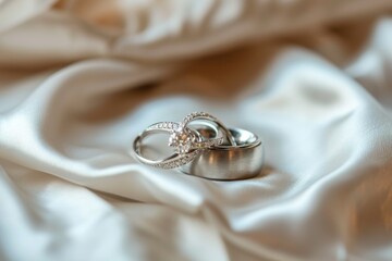 Wedding ring. Wedding rings on the table in a jewelry store. Wedding accessories. Jewelry ring in luxury jewelry store. Luxury jewelry shop. Wedding or Engagement Concept with copy space.