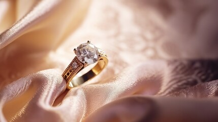 Obraz premium Wedding ring. Wedding rings on the table in a jewelry store. Wedding accessories. Jewelry ring in luxury jewelry store. Luxury jewelry shop. Wedding or Engagement Concept with copy space.