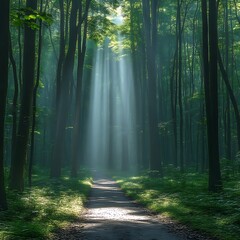 Obraz premium Sunlight streams through a misty forest path.
