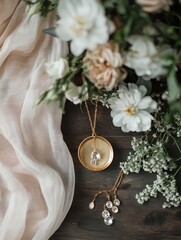 Elegant jewelry display with flowers on wooden table soft lighting
