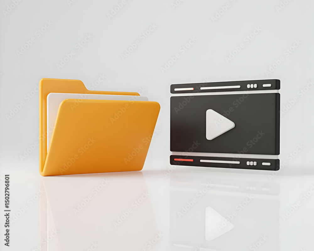 Poster 3d render of yellow folder and video player icon representing digital media storage