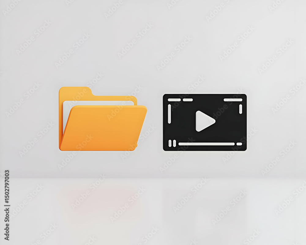 Poster 3d render of a yellow folder icon and a black video player icon