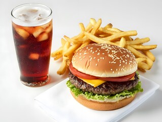 Classic Burger Meal: A mouthwatering burger, complete with fresh toppings, alongside golden fries and a refreshing iced drink, a perfect embodiment of comfort food.