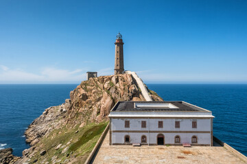 Aerial view of Cabo Vilan Lighthouse near Camarinas, Galicia, Spain