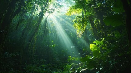 Obraz premium Sunbeams Illuminating a Lush Tropical Rainforest