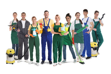 Fototapeta premium Cleaning team with different supplies on white background