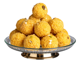 A glass plate with golden round balls made of yellow straw, deliciously arranged in the shape of an Indian laddu, against isolated on a transparent background
