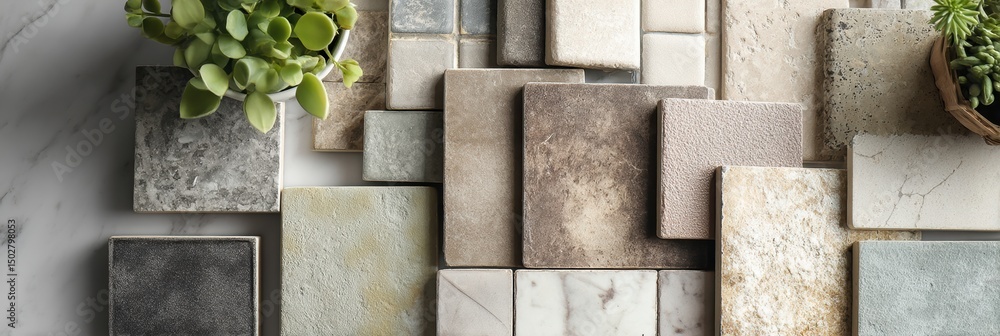 Aufkleber Ceramic Tile Palette Showcasing Various Textures and Colors on Light Surface With Plants in Upper Zone