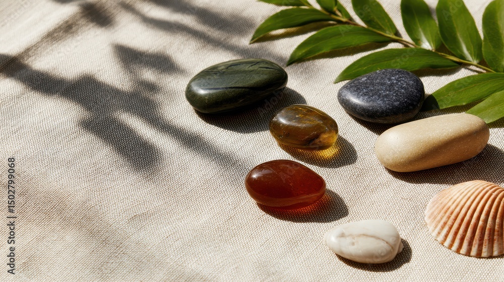 Aufkleber collection of colorful stones and shells arranged on a textured fabric with shadows and greenery