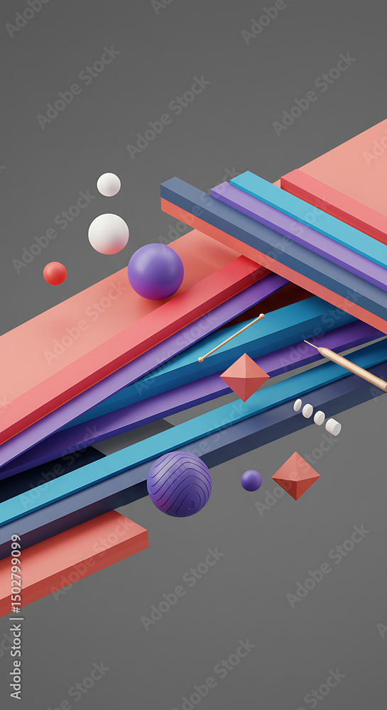 Aufkleber abstract 3d render colorful geometric shapes spheres and lines transparent background