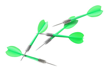 Green darts in air on white background