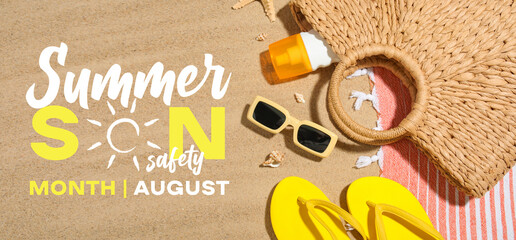 Beach accessories on sand. Banner for Summer Sun Safety Month