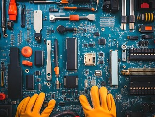 Circuit Board Tech: Close-up shot of a detailed circuit board with various electronic components. A pair of gloved hands indicates repair or maintenance.