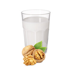 Nut milk in glass and walnuts isolated on white