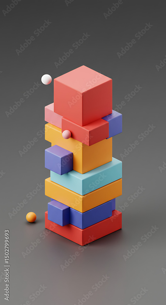 Poster abstract 3d render of colorful stacked cubes and spheres modern geometric design