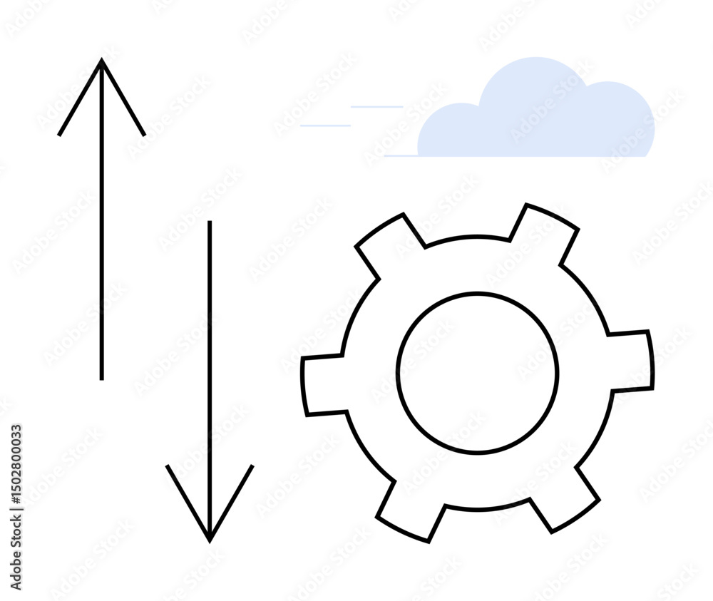 Aufkleber gear alongside upward and downward arrows with floating cloud, symbolizing workflow, process changes