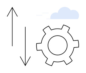 Gear alongside upward and downward arrows with floating cloud, symbolizing workflow, process changes, optimization, system management, analytics, innovation, automation. Ideal for a simple landing