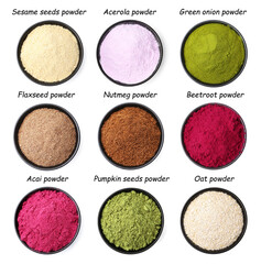Different superfood powders in bowls and names on white background, collage. Top view
