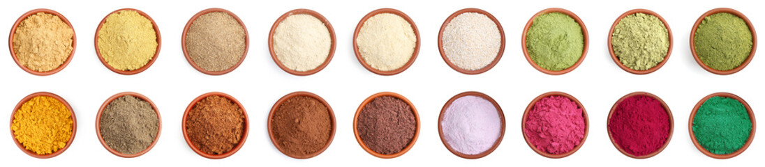 Different superfood powders in bowls on white background, set. Top view
