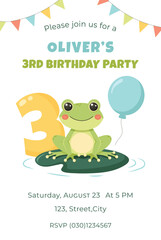 Birthday party invitation card with cute frog. Birthday party vector template