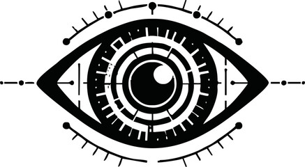 Flat vector icon of a futuristic eye scanning digital data, retina, biometric theme, minimal design, white background