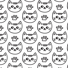 Hand drawn seamless pattern with cute cat. Vector illustration	