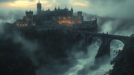 Fantasy Castle On Cliffside With Bridge And Waterfall High Resolution Photo