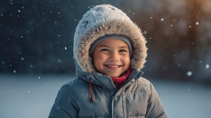 Smiling Child in Winter Coat with Fur Hood Standing in Falling Snow
