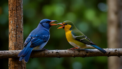 Naklejka premium Two birds perched on branch sharing food in a moment of care and connection
