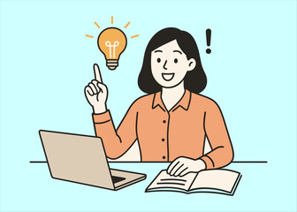 Young Woman with Laptop and Notebook Pointing at Lightbulb Idea Icon, Creative Brainstorming and Innovation Concept, Flat Vector Illustration