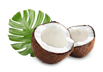Fresh coconut and green tropical monstera leaf isolated on white