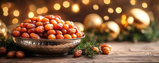Naklejka premium Festive dates bowl, holiday lights