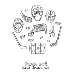 Puck hand drawn doodle set. Vector illustration. Isolated elements on white background. Symbol collection.