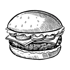 A hand-drawn sketch of a classic hamburger with sesame seed bun, lettuce, cheese, and a beef patty. The illustration captures the details of the ingredients clearly.