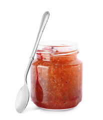 Jar with tasty gooseberry jam on white background